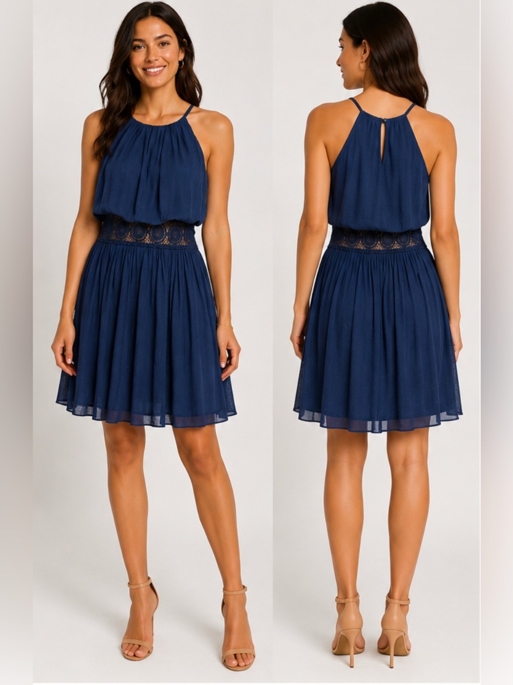 iZ BYER California Navy Blue Halter Blouson Dress Lace Inset Midriff Juniors 7